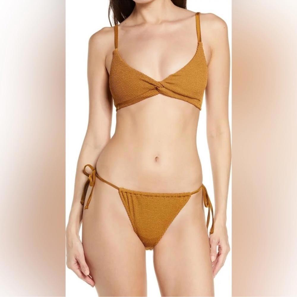 Good American Womens Crinkle Always Fit Twist Bikini Top Bronze Brown Size S New